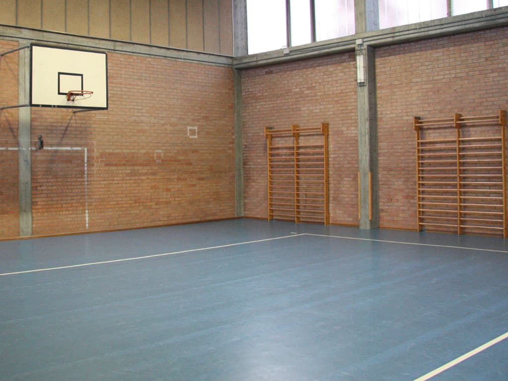 Moquette e parquet - Pavimenti e rivestimenti, palestra di una scuola con pavimentazione in PVC di colore blu