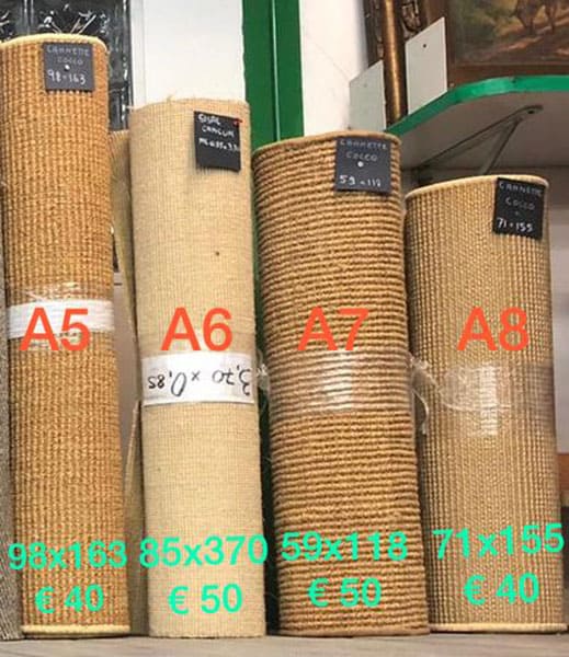 Moquette di fibra naturale di colore ocra modelli: A5, A6, A7 e A8