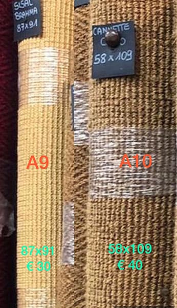 Moquette in fibra naturale di colore marrone e ocra, modelli: A9 e A10