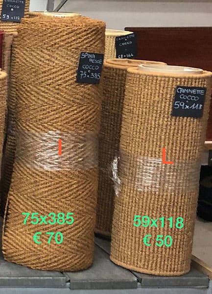 Moquette in fibra naturale d colore marrone e ocra modelli I e L