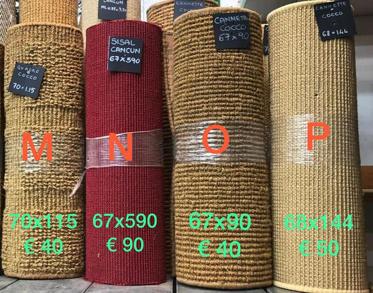 Moquette in fibra naturale di colore marrone, ocra e rosso modelli: M, N, O, P