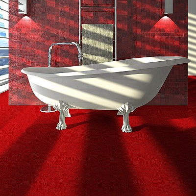 Una vasca da bagno bianca con piedini su un pavimento rosso, illuminata da due lampade e riflessi di luce