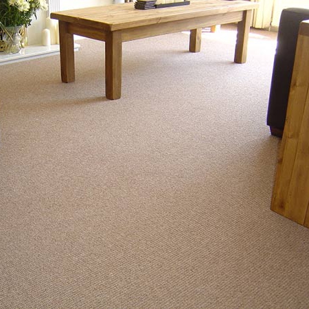 Soggiorno con ampio tappeto beige, tavolo in legno chiaro e divano scuro. Ambiente luminoso e accogliente.