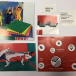 Un collage di immagini promozionali con bambini che fanno sport, tappeti colorati, mappe e grafici in italiano.
