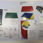 Brochure di prodotti per pavimentazioni industriali con immagini di piastrelle colorate e descrizioni dettagliate.
