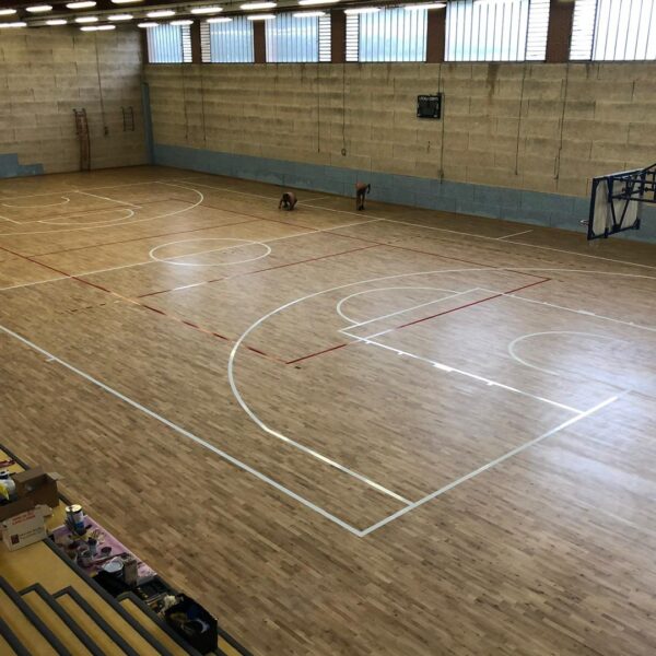 Un campo da basket all'interno di una palestra con pavimento in legno, segnato con linee bianche per il gioco.