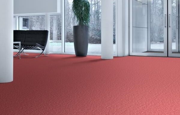 Interno di ufficio moderno con pavimento rosso, pareti bianche, una pianta in vaso e una grande finestra.