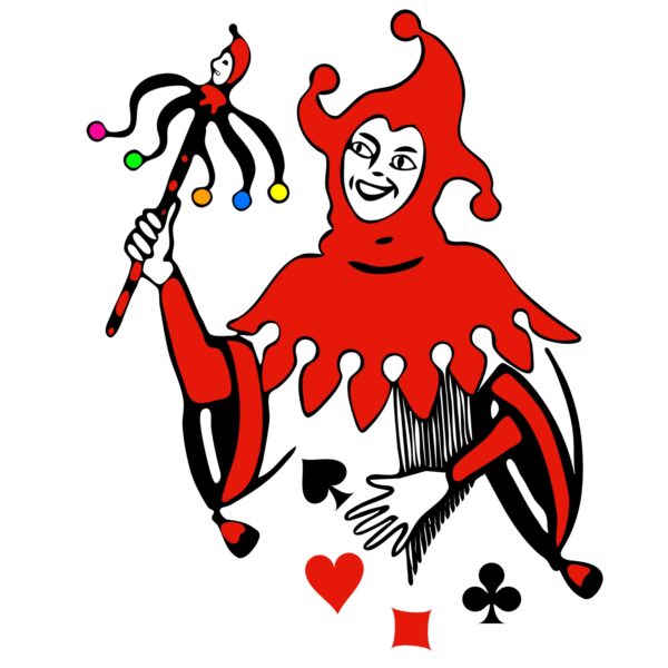 Illustrazione di un giullare sorridente in abiti rossi con cappello a punte, che tiene uno scettro decorato.