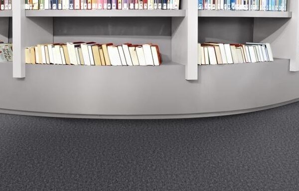 Scaffale di una libreria con numerosi libri allineati, scaffale bianco su sfondo di moquette grigia.