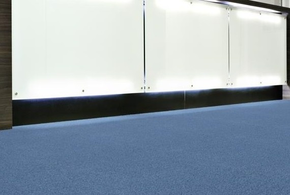 Immagine di un'ufficio moderno con un pavimento in moquette blu, pareti bianche e illuminazione contemporanea.