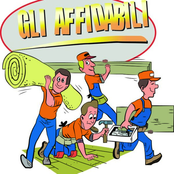 Illustrazione di quattro operai che lavorano insieme con sorrisi e strumenti, con la scritta 'Gli Affidabili'.