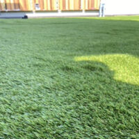 Primo piano di un prato verde ben curato con una costruzione sullo sfondo e alcune persone visibili.