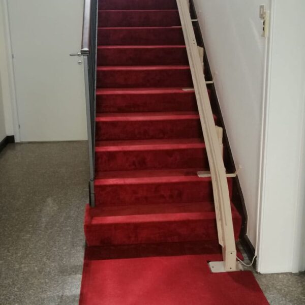 Scala interna con tappeto rosso, corrimano in legno su un lato e porta chiusa in fondo al piano superiore.